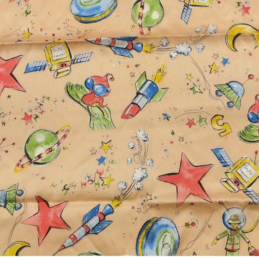 Chanel Pink Whimsical Celestial Stars Moon Planet Silk Scarf
